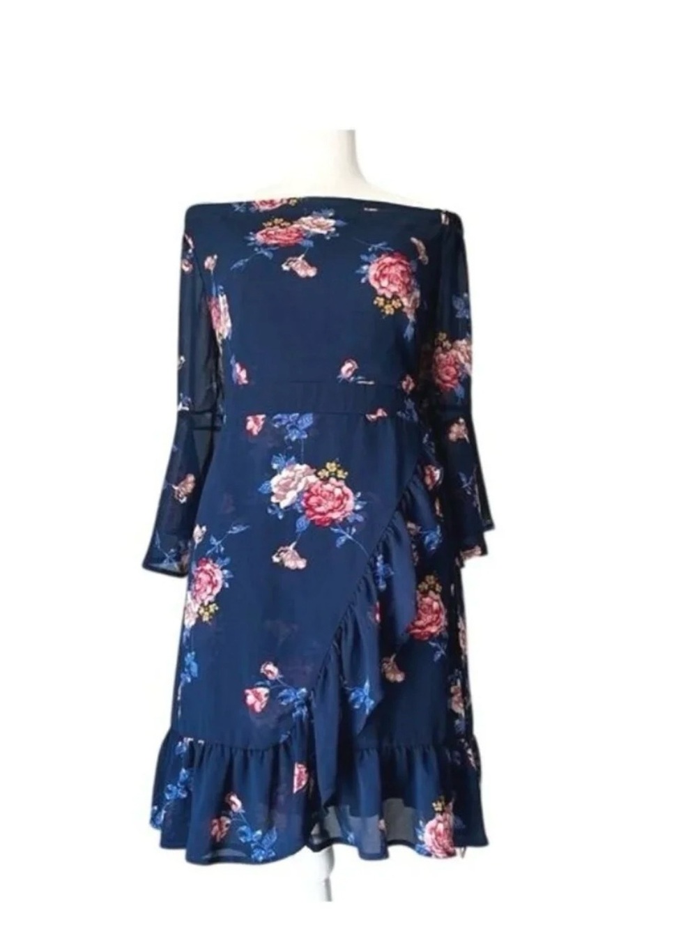Xhilaration Navy Floral Off-Shoulder Ruffle Midi Dress